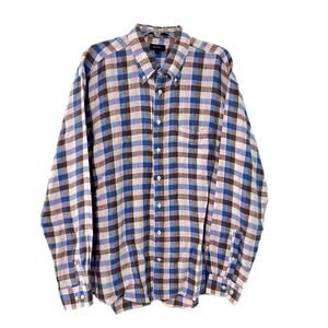 GANT Long Island Linen Shirt Mens XL Regular Fit Button Down Plaid Blue Brown